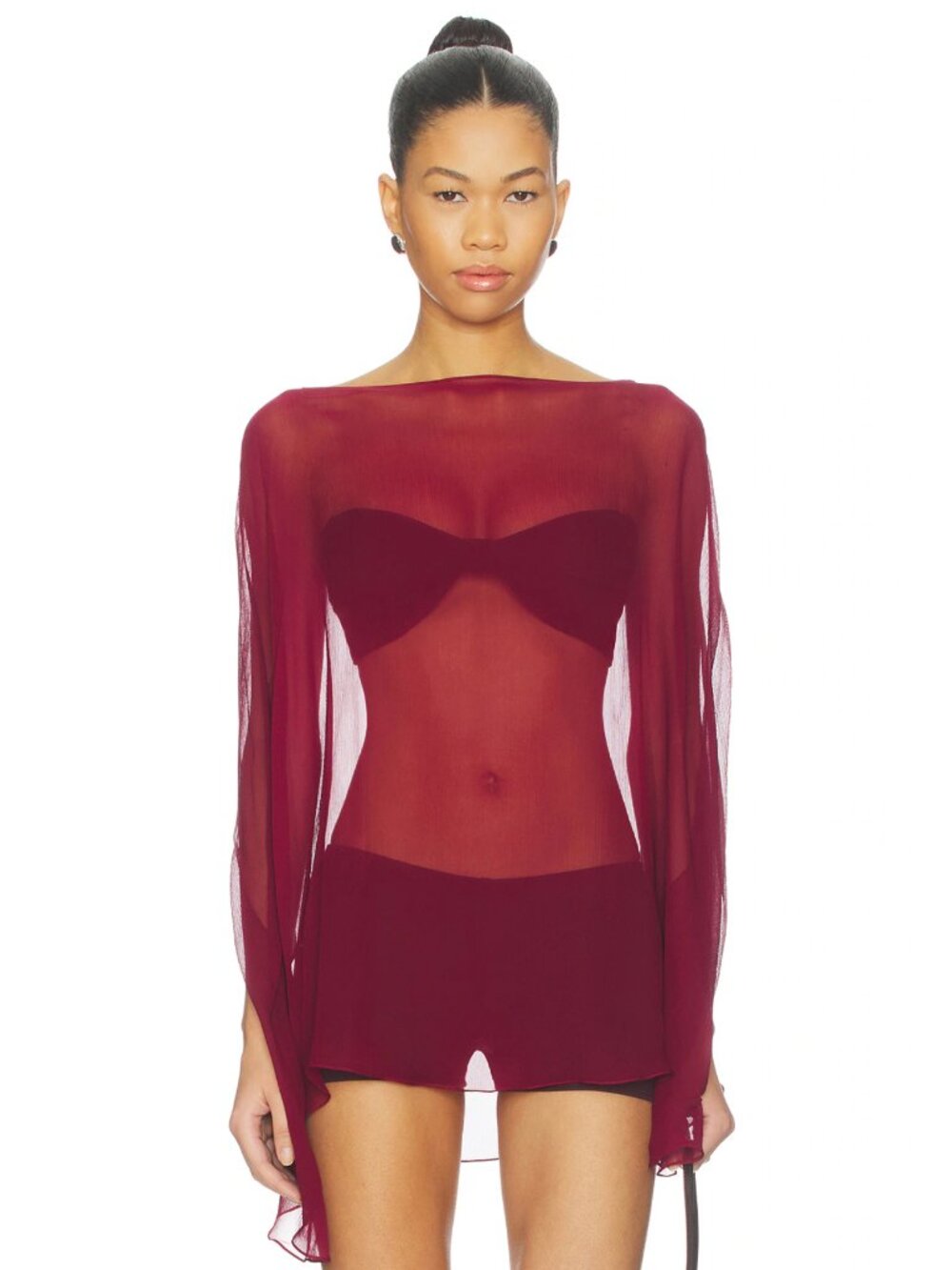 NEW BUCI Ibis Poncho Set in Oxblood Red Silk Sheer Long Sleeve Shirt Top XS / S